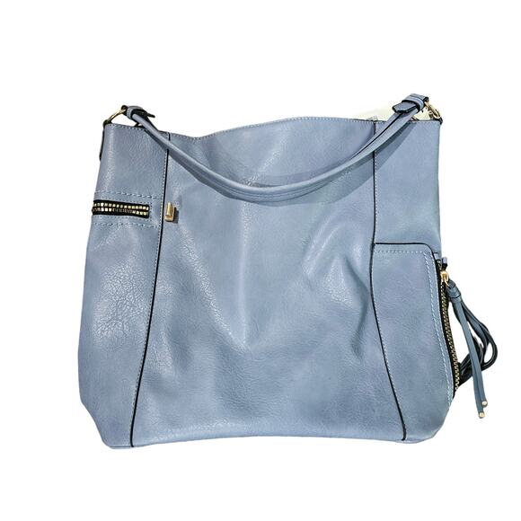 LeMiel Vegan Leather Blue 15" x 16" tote Shoulder Bag - Picture 4 of 12